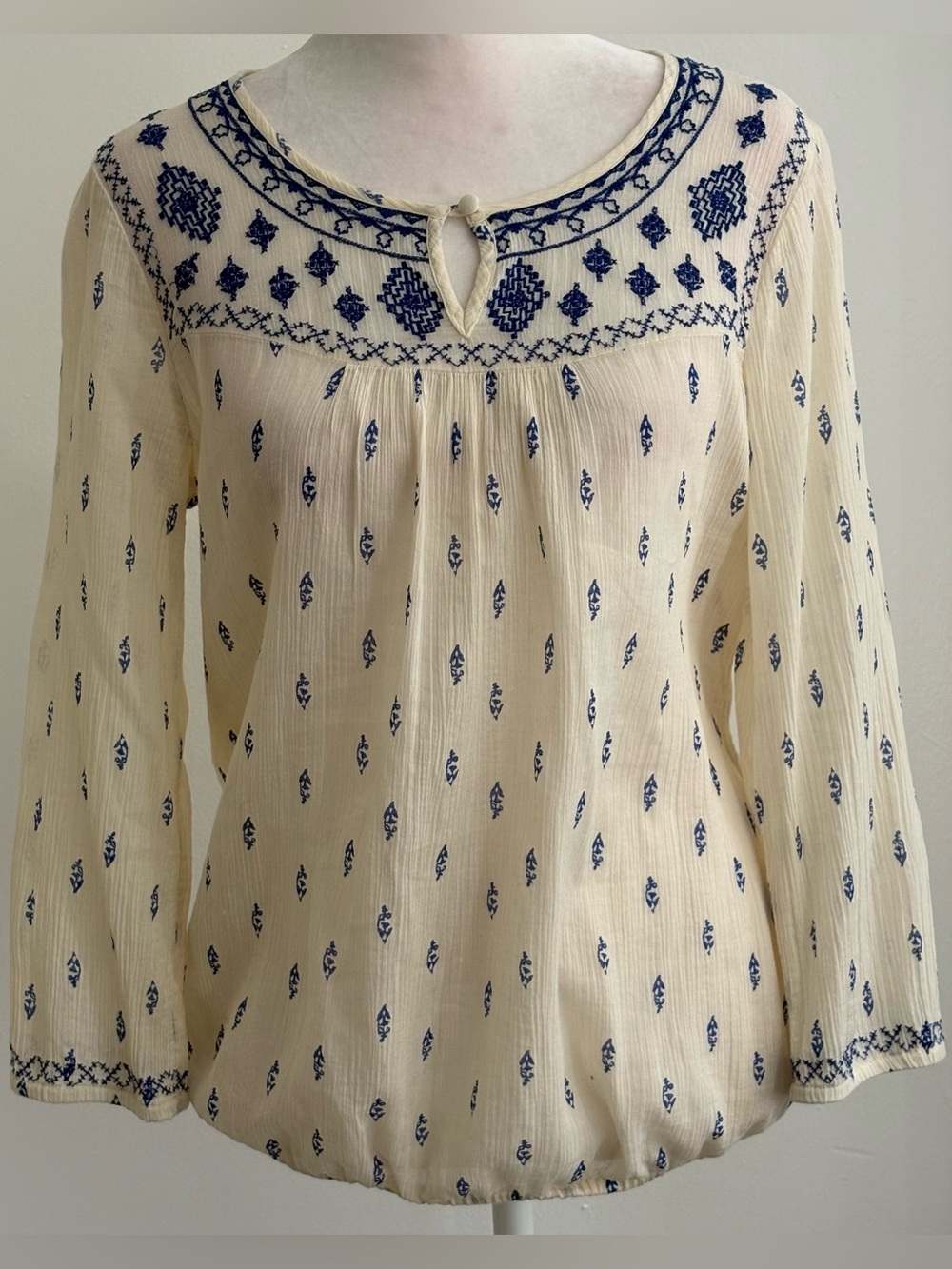 Lucky Brand Live in Love Blue Embroidered Boho Peasant Blouse S